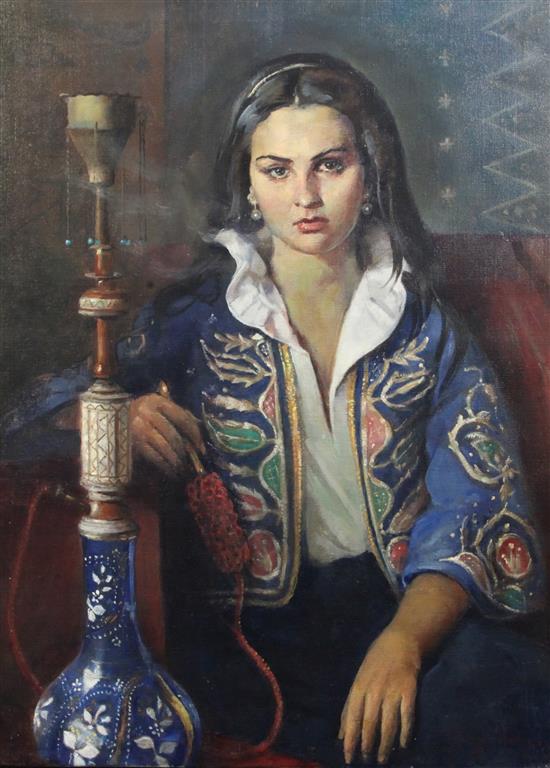 § Max Moreau (1902-1992) Turkish woman smoking a huqqa pipe 32 x 23.5in.
